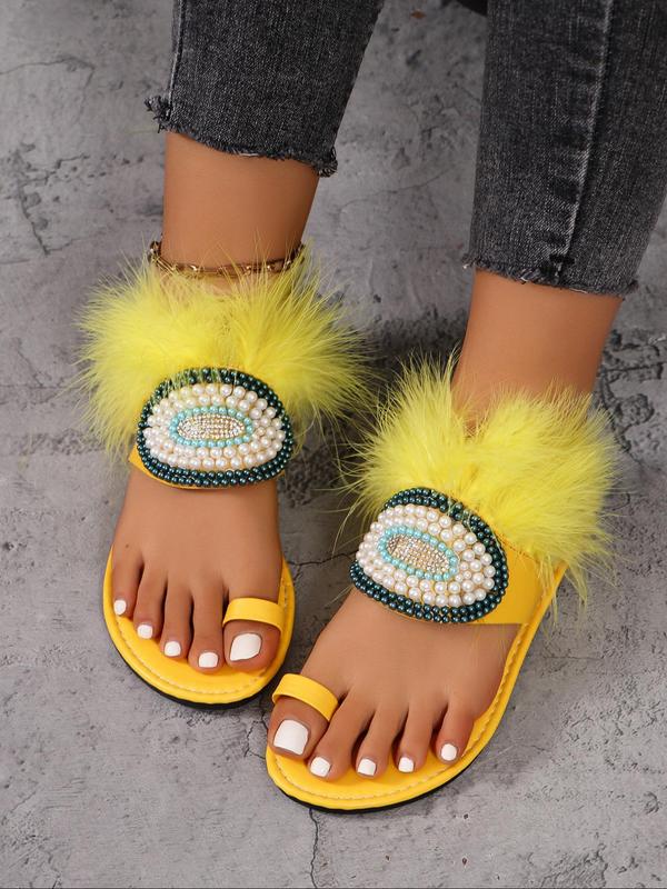 Women's Fashionable Faux Pearl & Rhinestone Decorated Slides, Casual Comfortable Flat Sandals for Summer, Non-slip Slippers for Indoor & Outdoor Wear