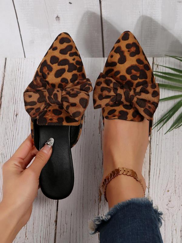 Women's Elegant Random Leopard Print Bow Decor Slip on Flats, 1 Pair Trendy Pointed Toe Flat Shoes for Women & Girls, All-match Shoes for Daily Wear