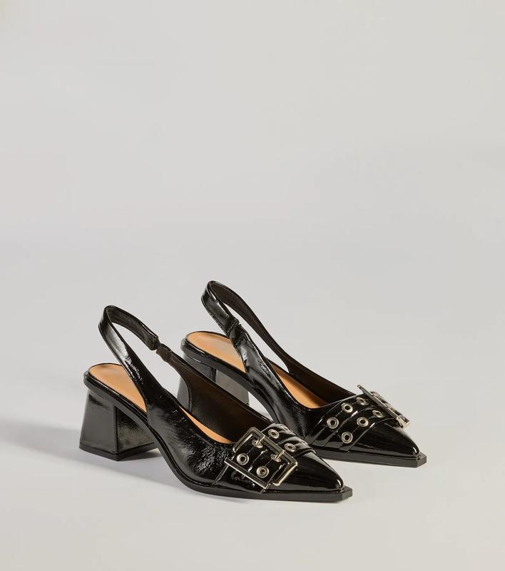 Edgy Glam Faux Patent Leather Slingback Buckle Pumps