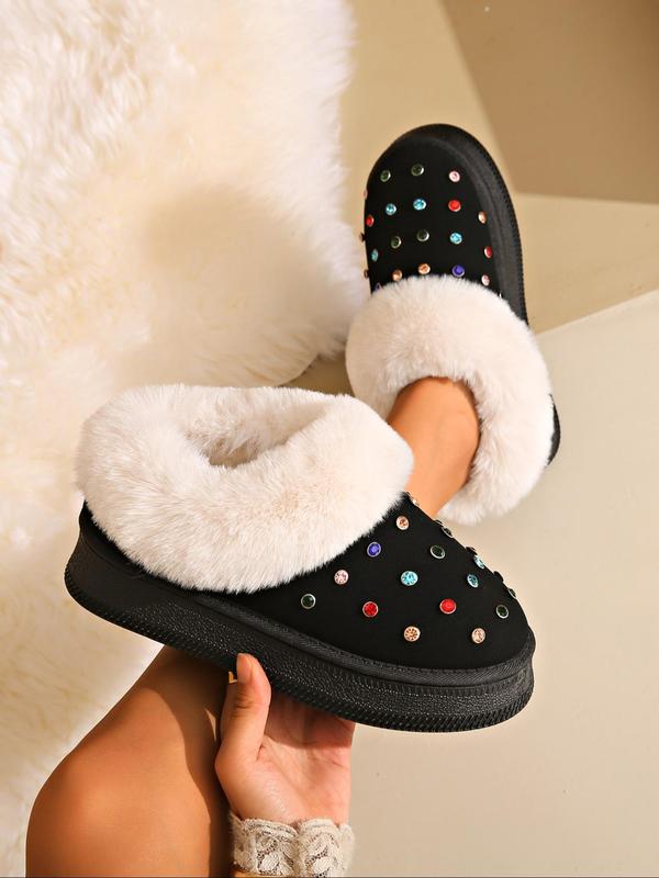 Women's Fashionable Rhinestone Decorated Plush Slippers, Casual Comfortable Home Slippers, Warm Slippers for Indoor & Outdoor Use for Winter