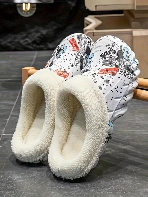 Men's Cartoon Letter Pattern Contrast Faux Fur Lining Slippers, Casual Soft Comfortable Home Slippers, Warm Slippers for Indoor & Outdoor Use for Fall & Winter