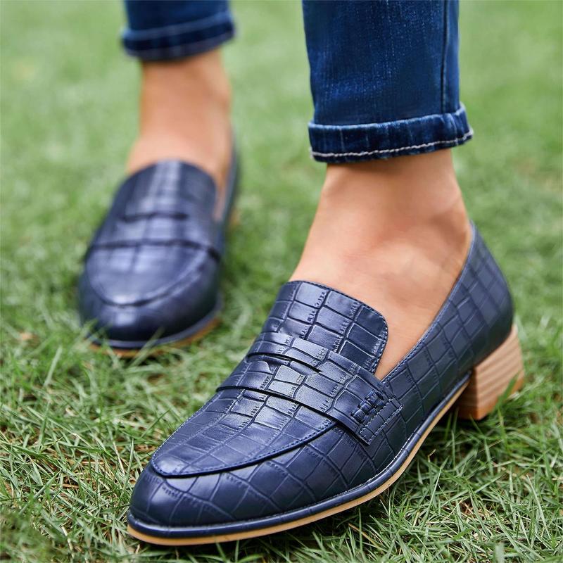 Womens Classic Penny Loafers Crocodile Print Casual Mid Stacked Heel Comfort Slip On Office Oxford Dress Shoes