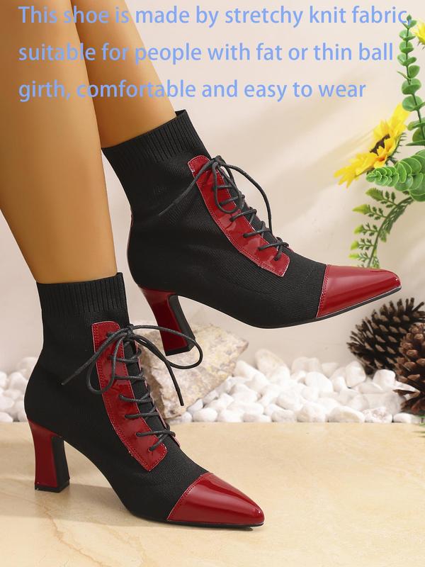 Women's Fashionable Patchwork Design Lace Up Ankle  Knitted Stretch Boots, Casual Comfortable Pointed Toe High Heel Boots for Daily Wear, Perfect for Office, Leisure, Festival