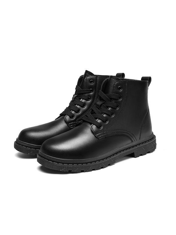 Men's Plain Round Toe Lace-up Front PU Leather Boots, Casual Outdoor Boots For Fall & Winter