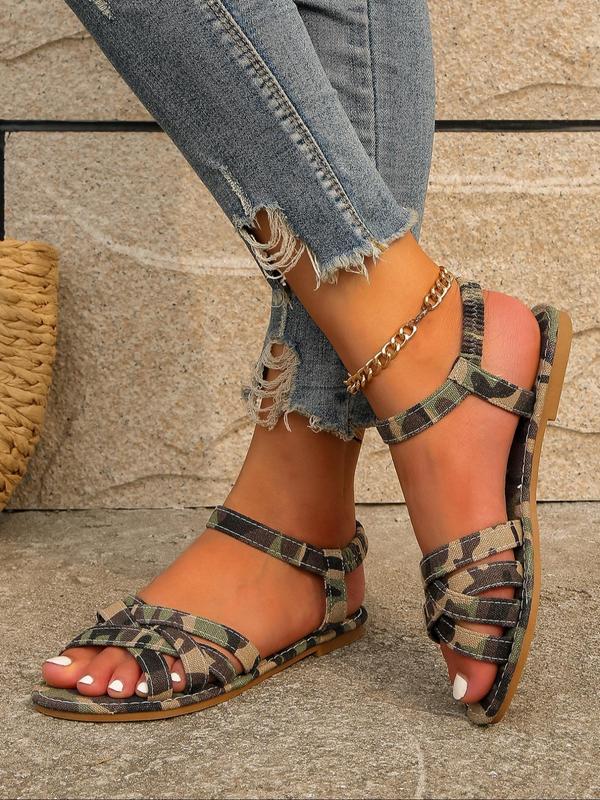 Women's Summer Fashionable Camo Print Slip on Sandals, 2024 New Style Casual Open Toe Sandals for Summer, Lightweight Breathable Non-slip Sandals for Outdoor Back To School Wear