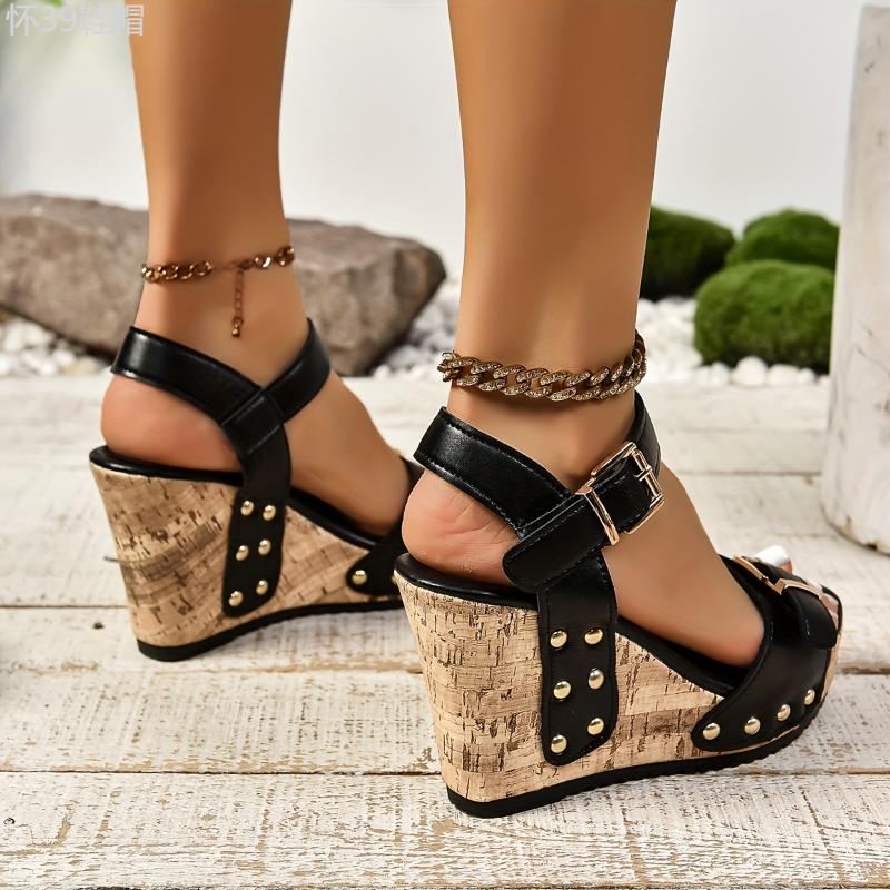 Vibrant Wedge Sandals - Effortlessly Chic Casual Style, Thick Platform, Adjustable Ankle Buckle Strap, Glamorous Studded Decor, Ultra-Comfortable Design - Designed Exclusively for Women, Stylish Shoes footwear Girl Walking Shoes Summer Rubber