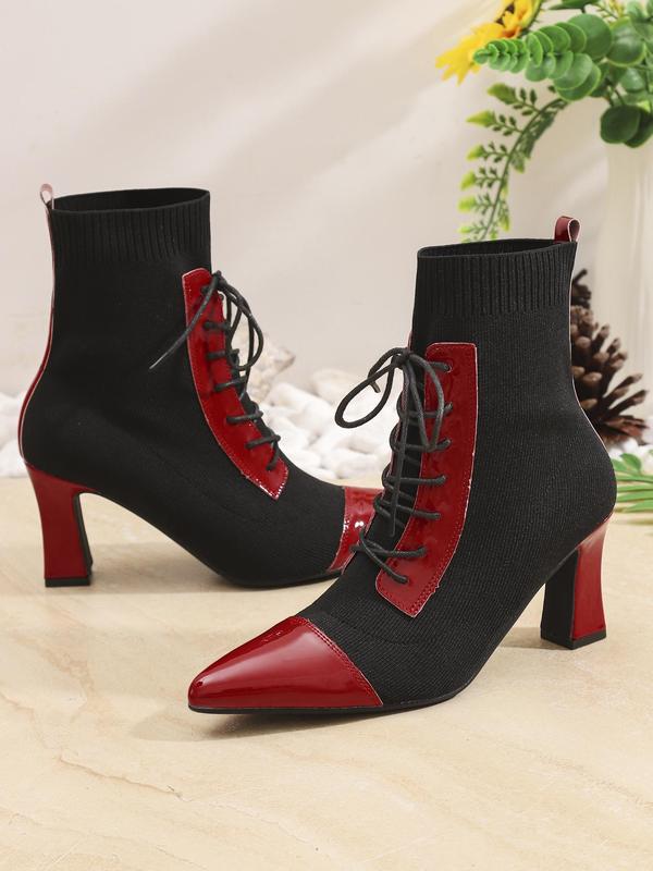 Women's Fashionable Patchwork Design Lace Up Ankle  Knitted Stretch Boots, Casual Comfortable Pointed Toe High Heel Boots for Daily Wear, Perfect for Office, Leisure, Festival