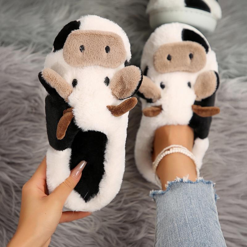 Cozy Cotton Cow Slippers for Women - Cute Animal Bedroom Shoes Winter Indoor Outdoor Slippers for Women