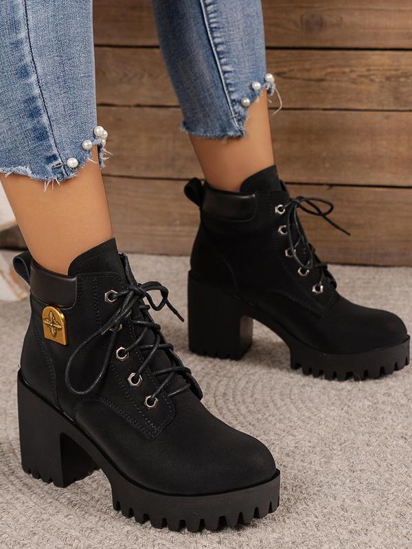 Women's Fashionable Lace Up Front Platform Ankle Boots, Casual Comfortable Warm Thick Sole Heeled Boots for Fall & Winter, All-match Boots for Daily Wear