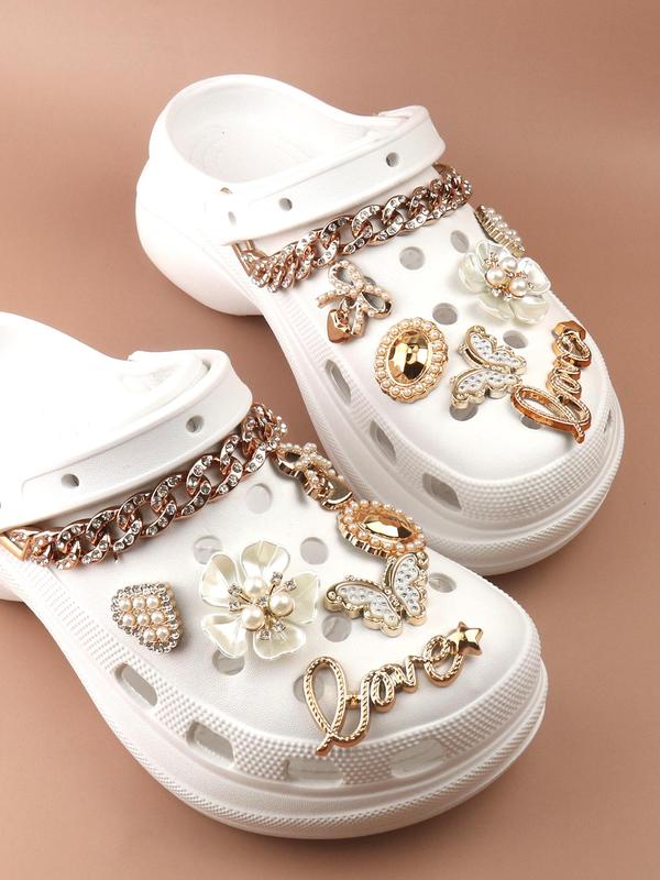 14pcs Fashionable Rhinestone & Letter Decorated Shoes Decorations, Chain & Bowknot Design Shoes Charm For Vented Crocs Clogs Decoration