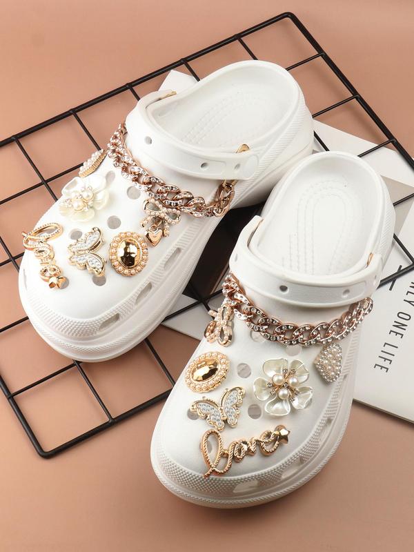 14pcs Fashionable Rhinestone & Letter Decorated Shoes Decorations, Chain & Bowknot Design Shoes Charm For Vented Crocs Clogs Decoration