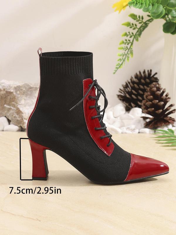 Women's Fashionable Patchwork Design Lace Up Ankle  Knitted Stretch Boots, Casual Comfortable Pointed Toe High Heel Boots for Daily Wear, Perfect for Office, Leisure, Festival