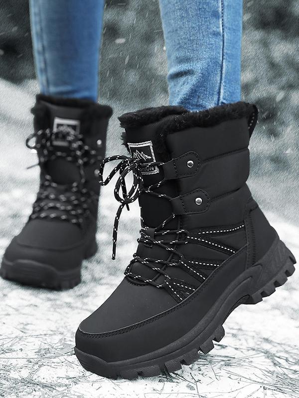 Women's Solid Color Thermal Lined Lace Up High Top Ski Boots, Casual Comfortable Warm Boots for Outdoor Sports, Female All-match Round Toe Shoes for Fall & Winter