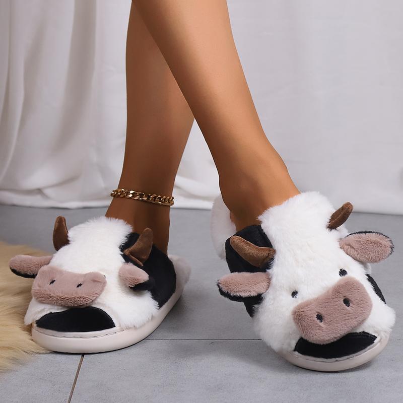 Cozy and Soft Cartoon Cow Plush Slippers - Warm and Comfortable Cotton Home Slippers for Ultimate Relaxation! Footwear Walking Shoes