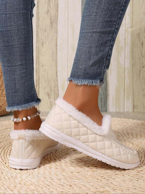 Women's Fashionable Quilted Design Plush Slip on Boots, Casual Comfortable Round Toe Flat Shoes for Fall & Winter, Female All-match Trendy Shoes for Daily Wear