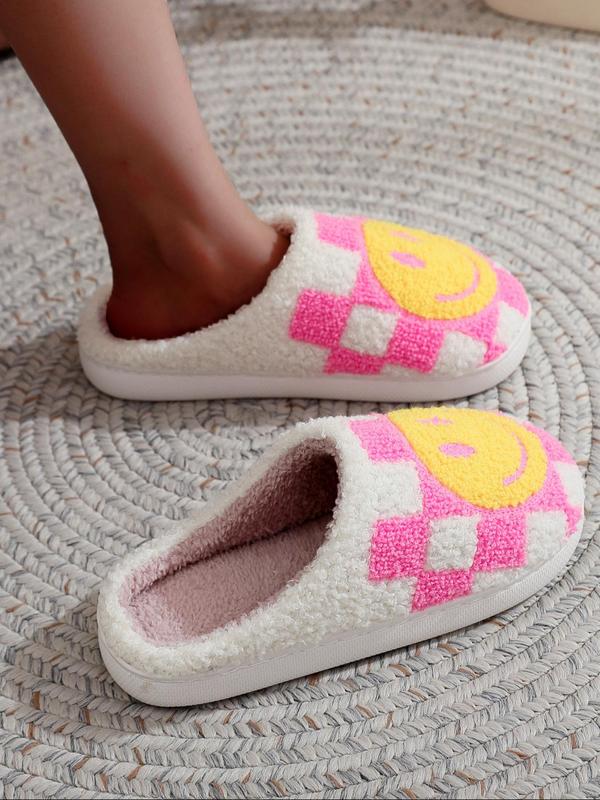 Colorblock Plaid & Smile Face Pattern Plush Slippers, Fashionable Home Slippers for Indoor Outdoor Wear, Fluffy Fall & Winter House Shoes for Women, Fall Outfit、Fall Freshness