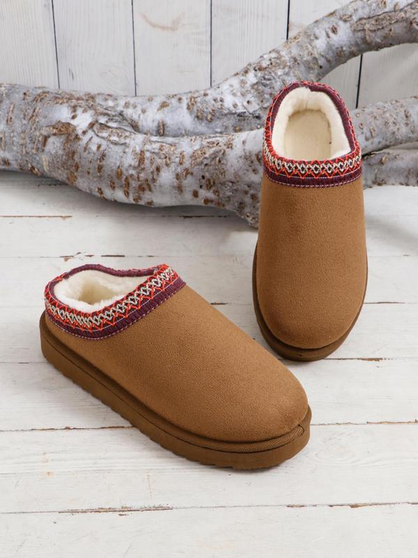 Women's Solid Color Embroidered Design Plush Snow Boots, Casual Comfortable Home Slippers, Warm Slippers for Indoor & Outdoor Use for Fall & Winter