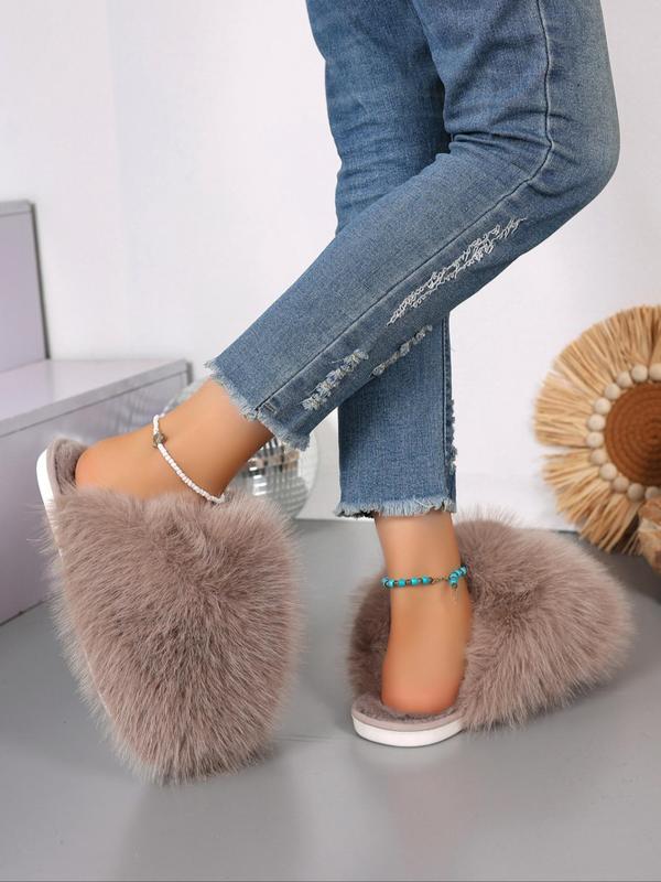 Women's Cute Plain Color Fluffy Plush Slippers, Casual Soft Comfortable Home Slippers, Warm Slippers for Indoor & Outdoor Use for Fall & Winter