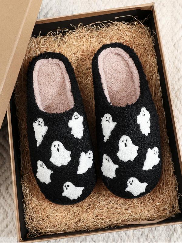 Women's Cartoon Ghost Pattern Plush Slippers, Halloween Slippers, Casual Soft Comfortable Home Slippers, Warm Slippers for Indoor & Outdoor Use for Fall & Winter