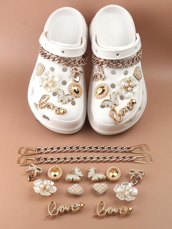 14pcs Fashionable Rhinestone & Letter Decorated Shoes Decorations, Chain & Bowknot Design Shoes Charm For Vented Crocs Clogs Decoration