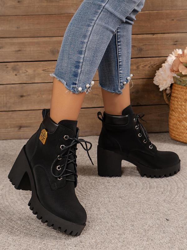 Women's Fashionable Lace Up Front Platform Ankle Boots, Casual Comfortable Warm Thick Sole Heeled Boots for Fall & Winter, All-match Boots for Daily Wear