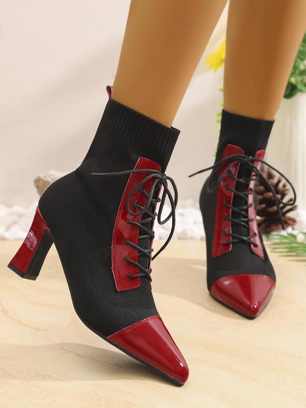 Women's Fashionable Patchwork Design Lace Up Ankle  Knitted Stretch Boots, Casual Comfortable Pointed Toe High Heel Boots for Daily Wear, Perfect for Office, Leisure, Festival