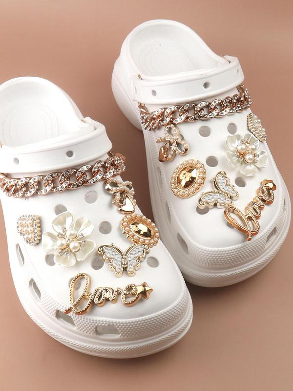 14pcs Fashionable Rhinestone & Letter Decorated Shoes Decorations, Chain & Bowknot Design Shoes Charm For Vented Crocs Clogs Decoration