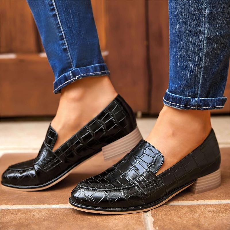 Womens Classic Penny Loafers Crocodile Print Casual Mid Stacked Heel Comfort Slip On Office Oxford Dress Shoes