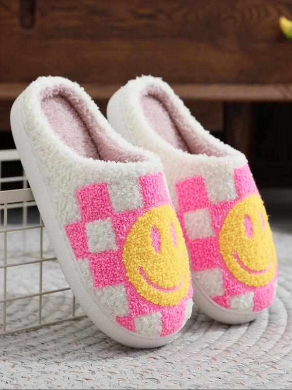 Colorblock Plaid & Smile Face Pattern Plush Slippers, Fashionable Home Slippers for Indoor Outdoor Wear, Fluffy Fall & Winter House Shoes for Women, Fall Outfit、Fall Freshness