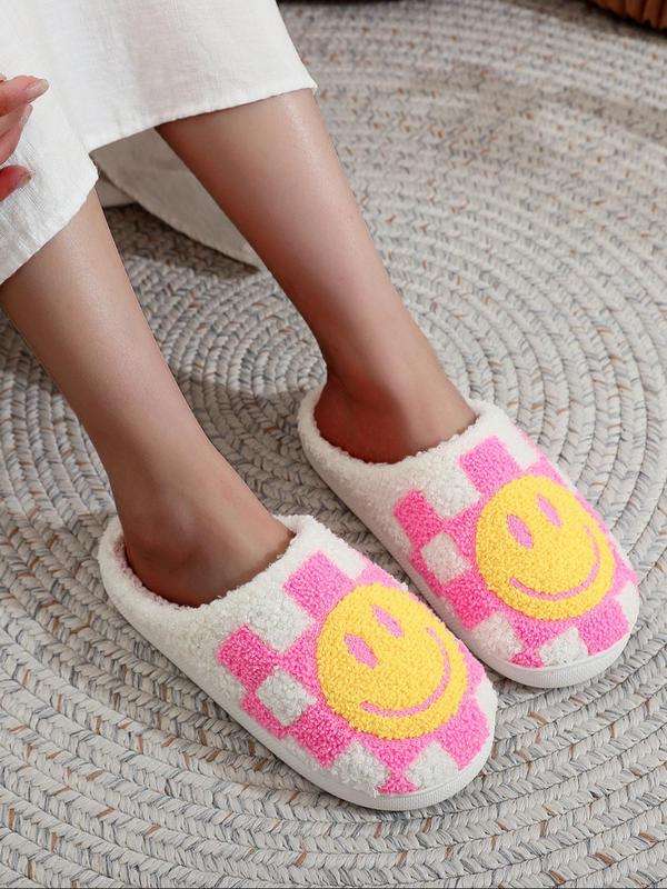 Colorblock Plaid & Smile Face Pattern Plush Slippers, Fashionable Home Slippers for Indoor Outdoor Wear, Fluffy Fall & Winter House Shoes for Women, Fall Outfit、Fall Freshness