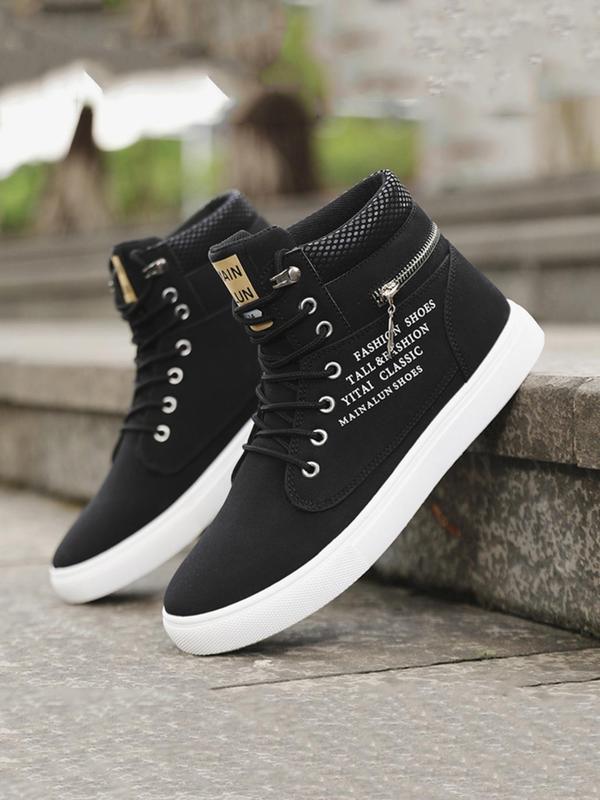 Men's Fashionable Letter Patched Design Lace Up High Top Sneakers, Casual Comfortable Sports Shoes for Outdoor Activities, Male All-match Round Toe Shoes for Men for Daily Wear