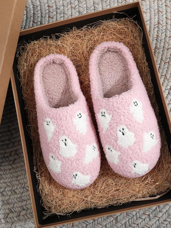 Women's Cartoon Ghost Pattern Plush Slippers, Halloween Slippers, Casual Soft Comfortable Home Slippers, Warm Slippers for Indoor & Outdoor Use for Fall & Winter