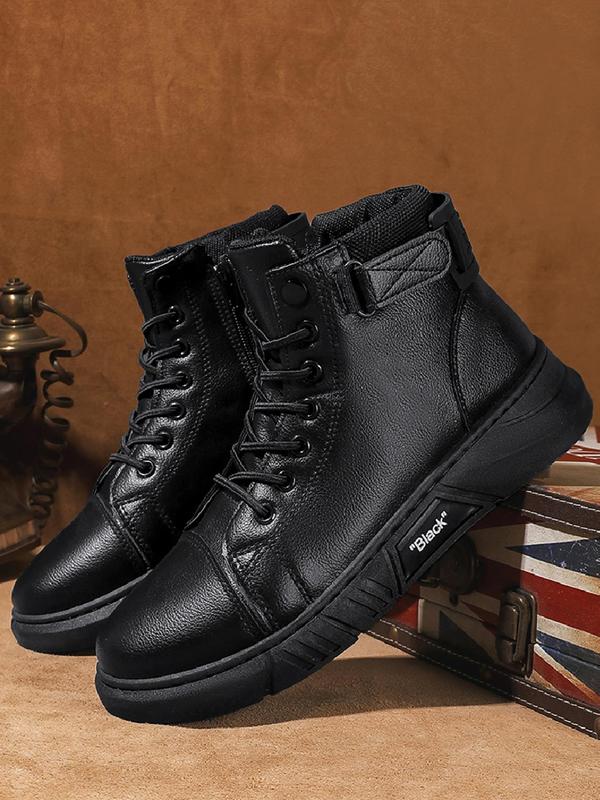 Men's Fashion Solid Color Lace up Mid-calf Boots, Casual Outdoor Climbing Hiking Boots, Letter Patch Decor Zip Front Combat Boots for Work & Daily Wear