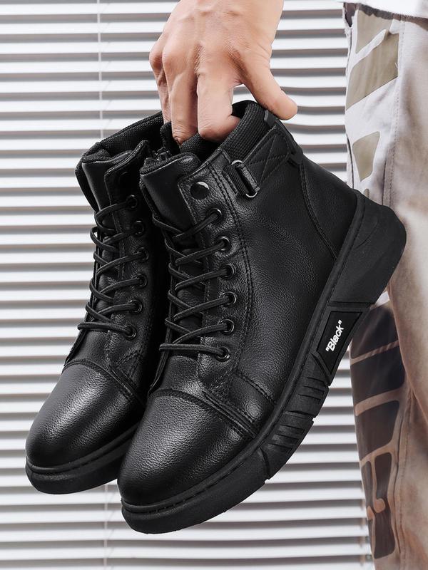 Men's Fashion Solid Color Lace up Mid-calf Boots, Casual Outdoor Climbing Hiking Boots, Letter Patch Decor Zip Front Combat Boots for Work & Daily Wear