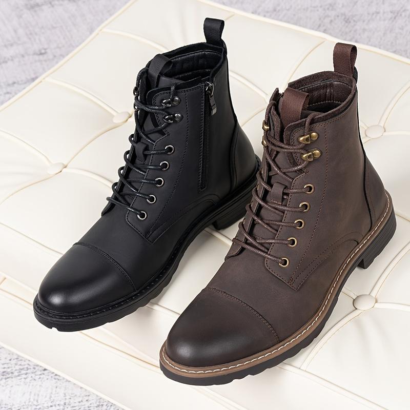 Mens Ankle Boots - Lace-up, Wear-resistant, Non Slip, PU Leather Uppers, Round Toe, TPR Sole, Fabric Inner, Casual, Fashion, Minimalist, All-season Boots for Outdoor Activities