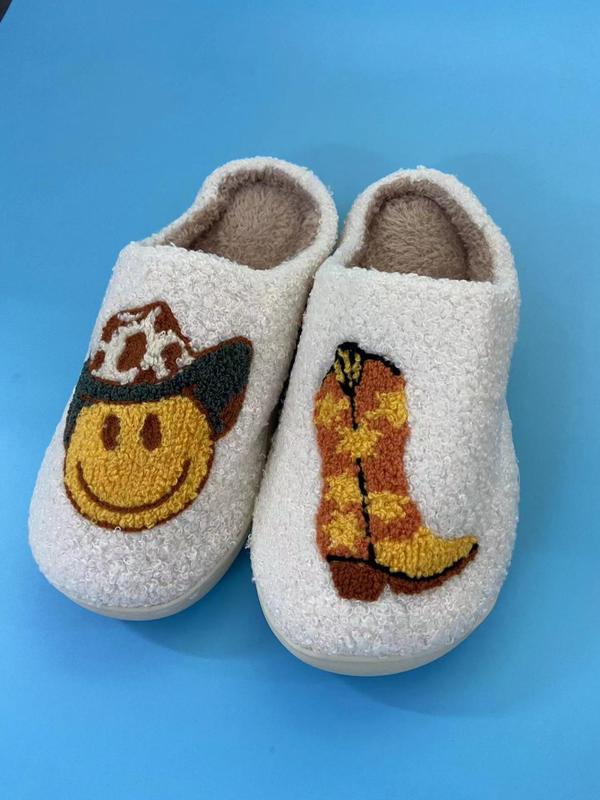 Women's Cartoon Smile Face & Boot Pattern Plush Slippers, Casual Soft Comfortable Home Slippers, Warm Slippers for Indoor & Outdoor Use for Fall & Winter