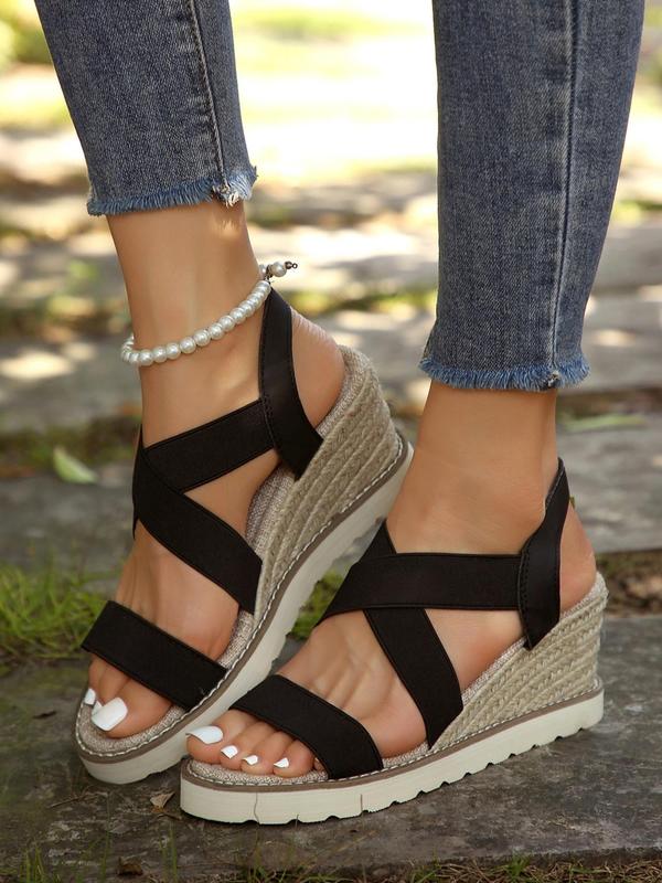 Women's Espadrilles Solid Color Wedge Sandals, Casual Comfortable Slip on Sandals for Summer, Boho Style Outdoor Beach Sandals for Women & Girls