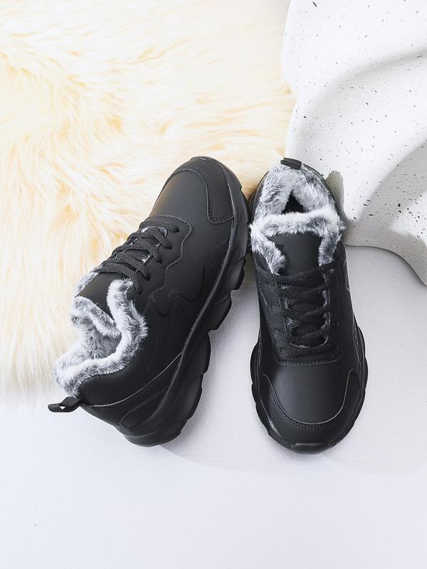 Women's Fashionable Faux Fur Lined Lace Up Low Top Sneakers, Casual Comfortable Warm Sports Shoes for Fall & Winter, Female All-match Round Toe Shoes for Daily Wear