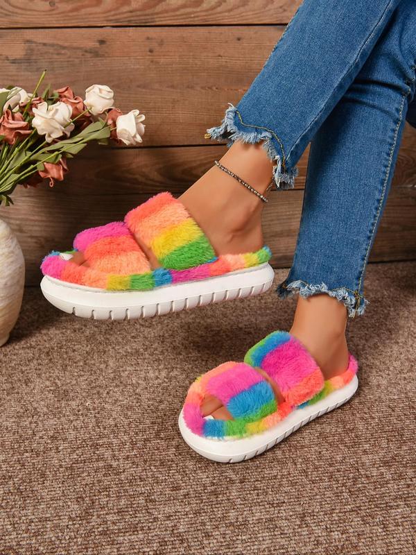 Women's Cute Colorful Fluffy House Slippers, Double Band Open Toe Slippers, Casual Soft Comfortable Home Slippers, Warm Slippers for Indoor & Outdoor Use for Fall & Winter