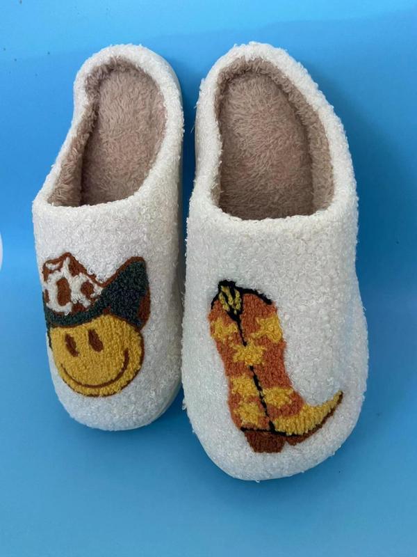 Women's Cartoon Smile Face & Boot Pattern Plush Slippers, Casual Soft Comfortable Home Slippers, Warm Slippers for Indoor & Outdoor Use for Fall & Winter