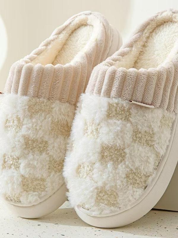 Women's Checked Pattern Plush Slippers, Casual Soft Comfortable Home Slippers for Fall & Winter, Fluffy Bedroom Slippers for Indoor and Outdoor