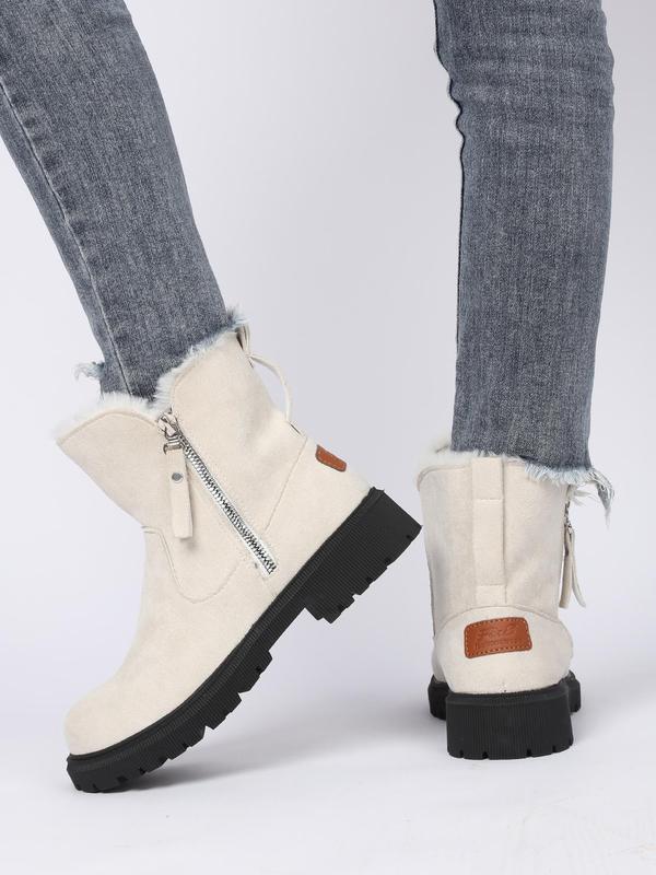  Women's Fashionable Patched Design Zipper Boots, Casual Warm Snow Boots for Winter, Female All-match Round Toe Shoes for Daily Wear