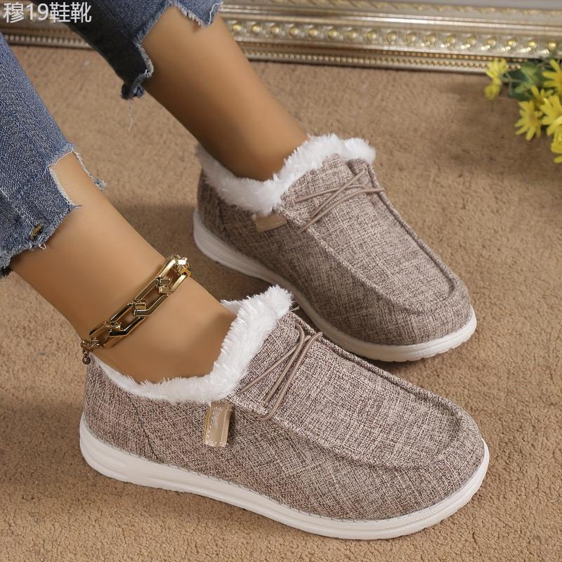 Women's Solid Color Fluffy Shoes Slip On Fleece Lining Flat Soft Sole Plush Shoes, Winter Warm Lightweight Canvas Shoes Footwear Walking Shoes