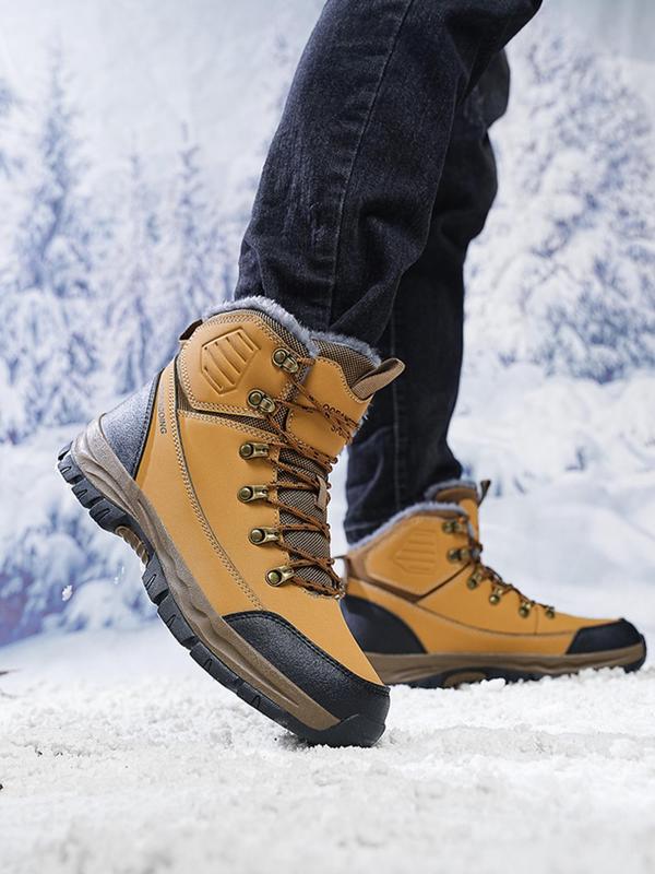 Men's Patchwork Lace Up Warm Snow Boots, Casual Outdoor Hiking Boots for Fall & Winter, Male All-match Round Toe Boots for Daily Wear