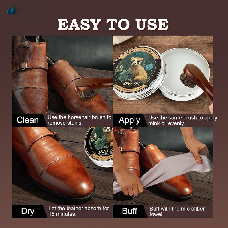 3 count Mink Oil for Leather Boots, Leather Cleaner and Conditioner 3.53oz, Premium Waterproof Clean and Restore Shoes, Furniture, with Horsehair Shoe Brush & Microfiber Shoe Cloth