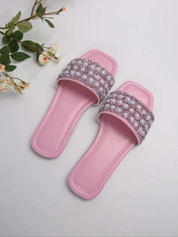 Women's Fashion Faux Pearl Decorated Slide Sandals, 2024 New Style Casual Comfortable Flat Sandals for Beach, Non-slip Slippers for Indoor & Outdoor Wear