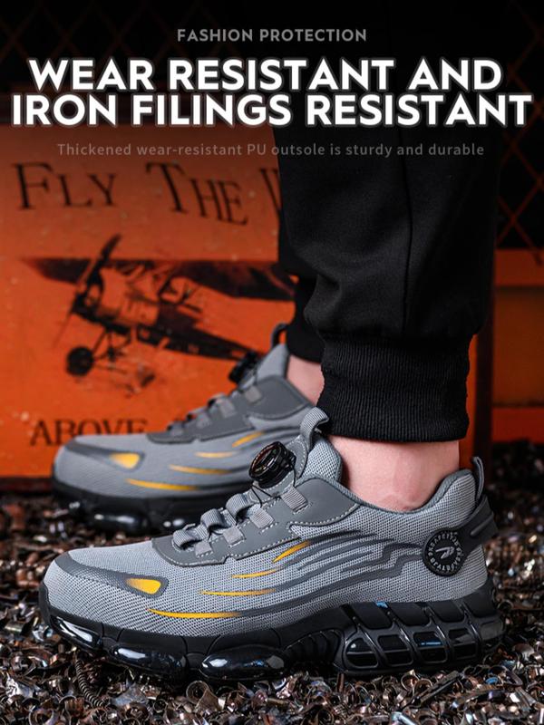 Men's Casual Lace Up Low Top Safety Shoes, Fashionable Breathable Comfortable Patched Rotating Automatic Buckle Design Work Shoes for Daily Wear, Perfect for Students and Outdoor Sports, Fall Shoes