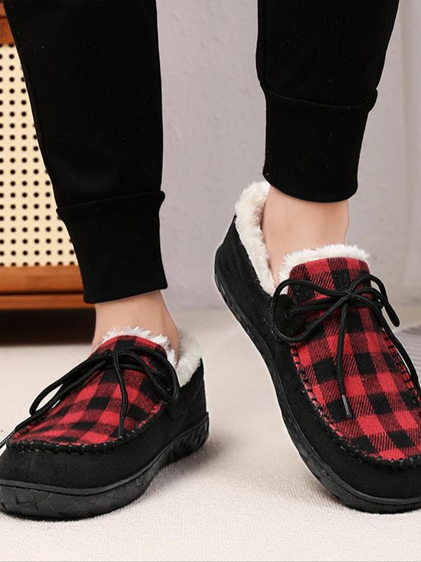 Men's Casual Plaid Pattern Contrast Faux Fur Lined Slippers, Casual Comfortable Home Slippers, Warm Loafers for Indoor & Outdoor Use for Fall & Winter