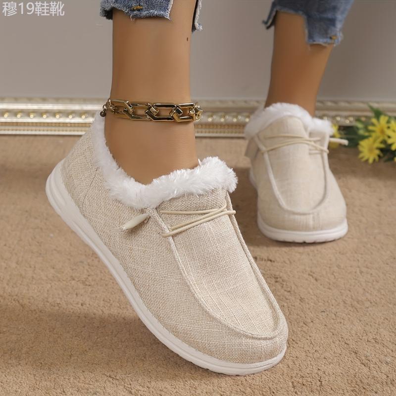 Women's Solid Color Fluffy Shoes Slip On Fleece Lining Flat Soft Sole Plush Shoes, Winter Warm Lightweight Canvas Shoes Footwear Walking Shoes