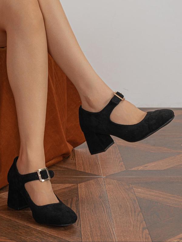 Women's Solid Color Velvet Buckle Mary Janes Pumps, Elegant Fashionable High Heel Shoes for Daily Wear, Women's Shoes for Fall & Winter